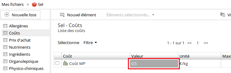 Renseigner les données des matière première