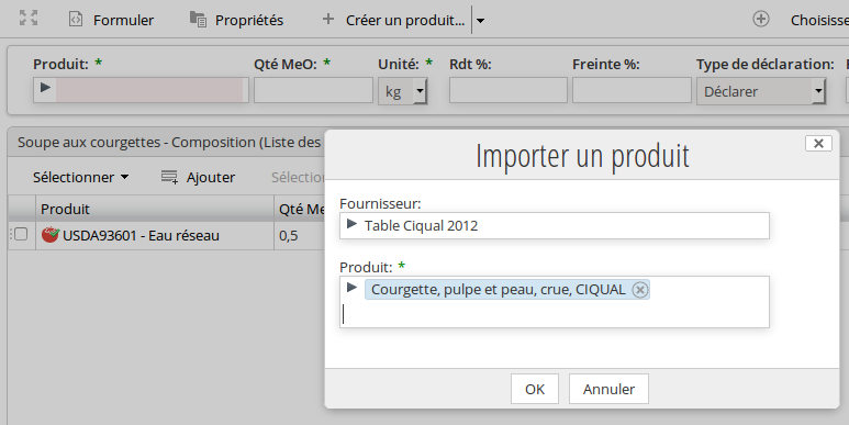 Import d'une matière première, via une table nutritionnelle