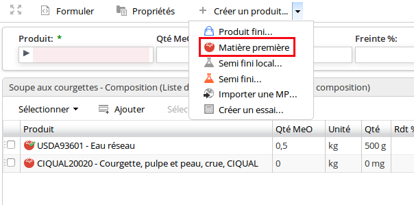 Créer une nouvelle matière première