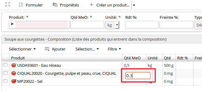 Modifier la compositon dans la grid