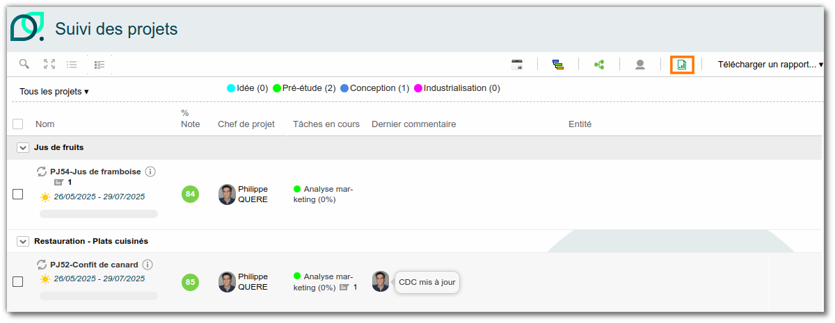 Export du suivi de projet