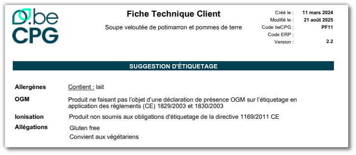 Section allergène dans la fiche technique