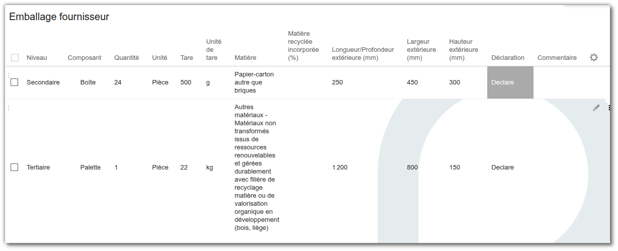 Liste Emballage fournisseur