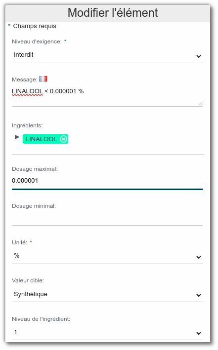 Créer une spécification sur les ingrédients