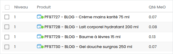 Cas d'emploi d'une matière première dans beCPG : la liste des quatre produits finis qui contiennent la glycérine végétale, avec leur quantité