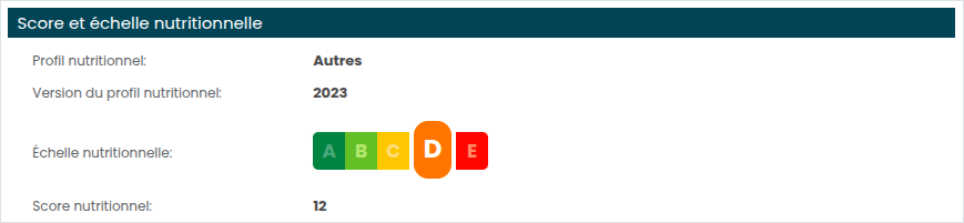 Bloc « Score et échelle nutritionnelle » d'une fiche produit : profil, version du profil, échelle Nutri-Score et score nutritionnel
