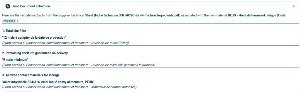 beCPG assistant answer: total shelf life, remaining shelf life on delivery and approved contact materials, quoted from the supplier technical sheet with the section they come from