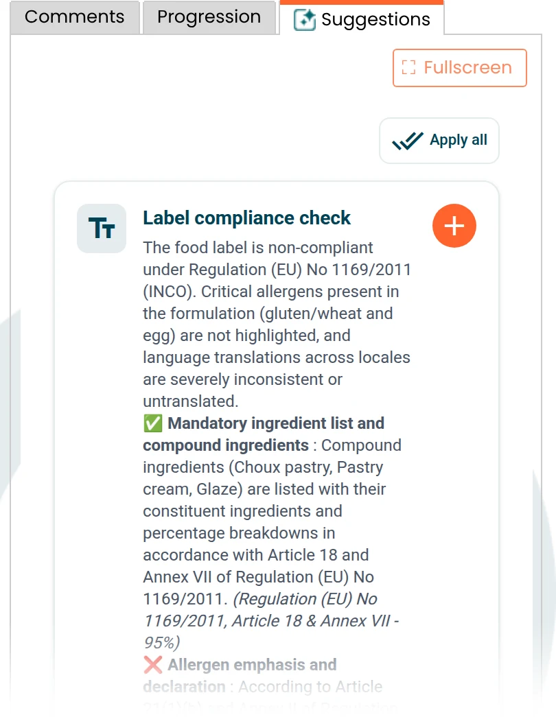 Chef AI label compliance report: each EU Regulation 1169/2011 requirement checked and explained