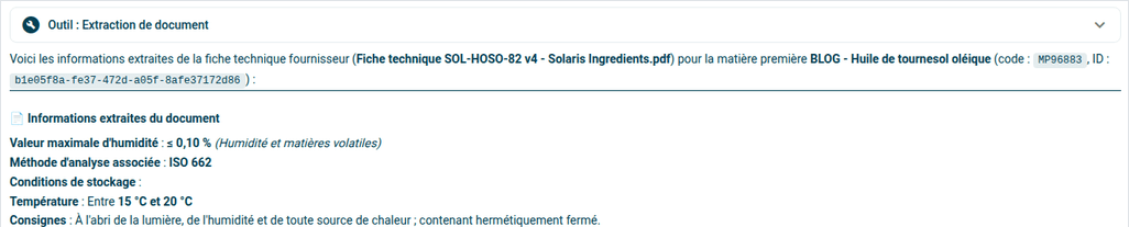Réponse de l'assistant beCPG : valeur maximale d'humidité de 0,10 %, méthode ISO 662, stockage entre 15 et 20 °C, extraites de la fiche technique du fournisseur