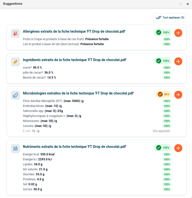 Suggestions de Chef AI : allergènes, ingrédients, critères microbiologiques et nutriments extraits d'une fiche technique, avec un niveau de confiance et un bouton pour les appliquer