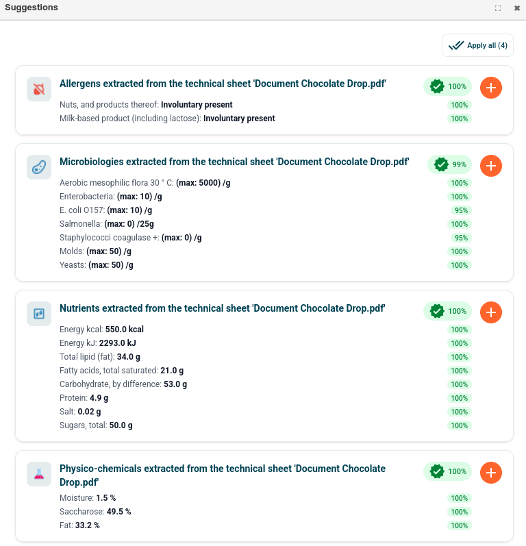 Chef AI suggestions: allergens, microbiological criteria, nutrients and physico-chemical values extracted from a technical sheet, with a confidence level and a button to apply them