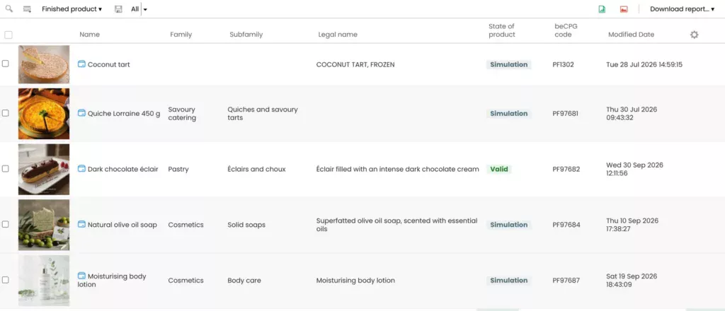 beCPG product repository: finished products with their state (simulation, valid), family and beCPG code