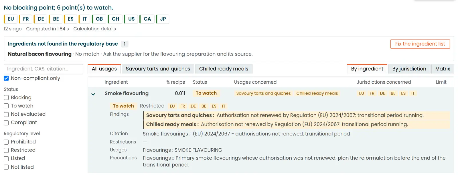 beCPG regulatory view: status of an ingredient, usages concerned and regulatory citation