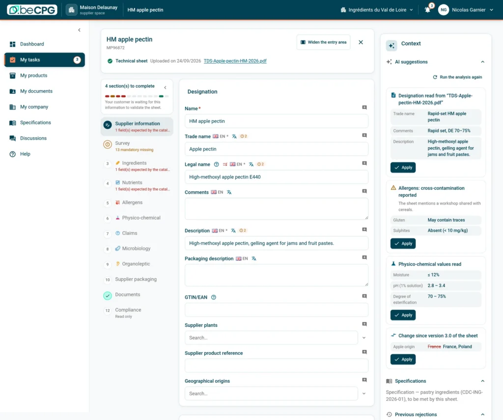 beCPG supplier portal: AI reads the technical data sheet and proposes values to apply
