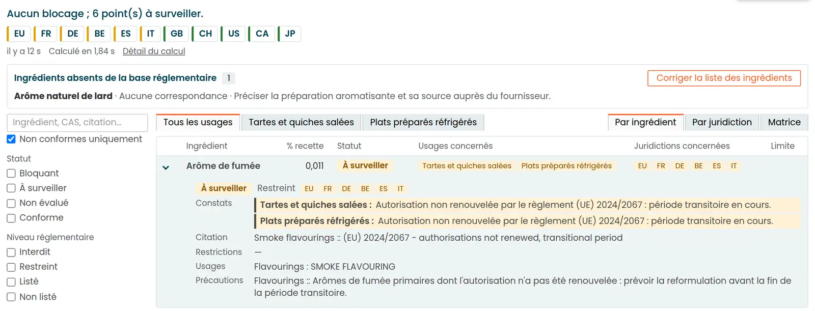 Vue réglementaire du PLM beCPG : statut d’un ingrédient, usages concernés et citation réglementaire