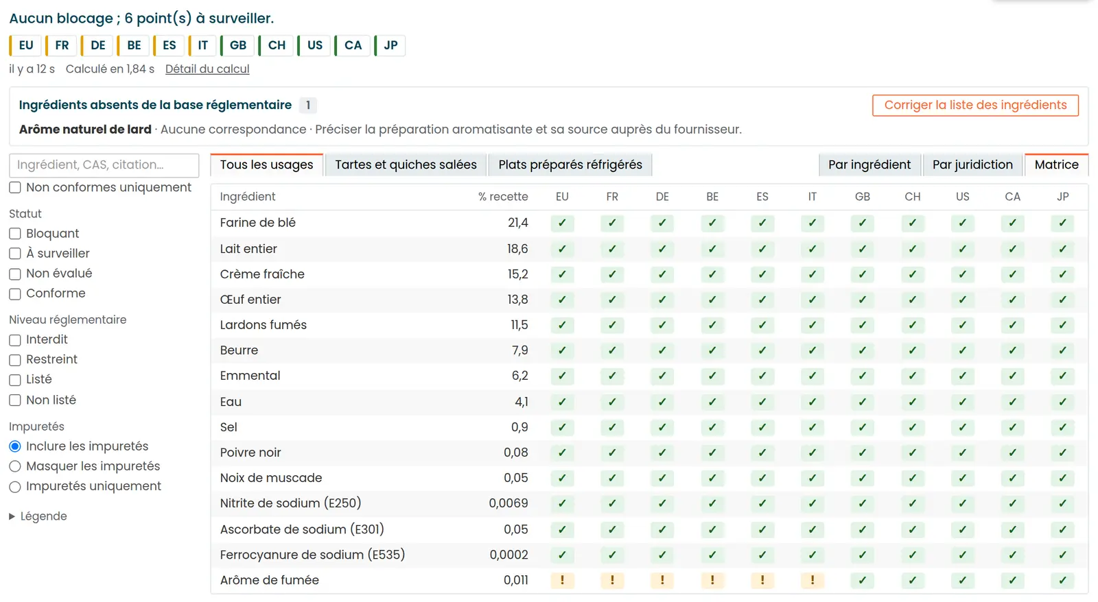 Vue réglementaire du PLM beCPG : matrice de conformité des ingrédients par pays